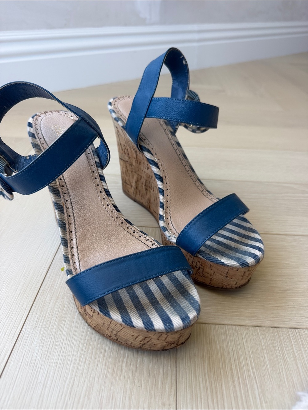 Charles by Charles David Navy Blue Striped Cork Wedge Sandals